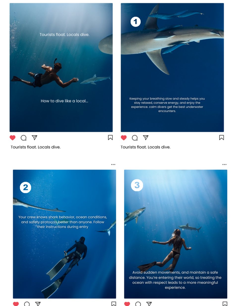 Four-slide Instagram carousel mockup titled Tourists float. Locals dive. showing how to dive like a local