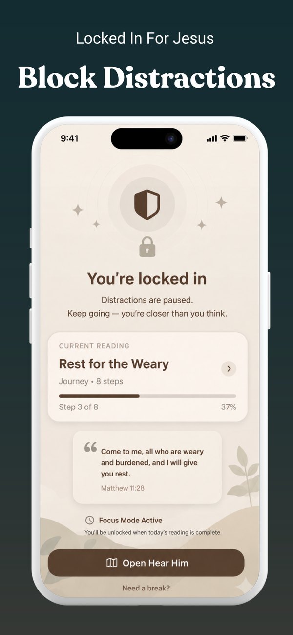 HearHim App Store screenshot: Block Distractions, the lock screen that keeps apps shielded until you read