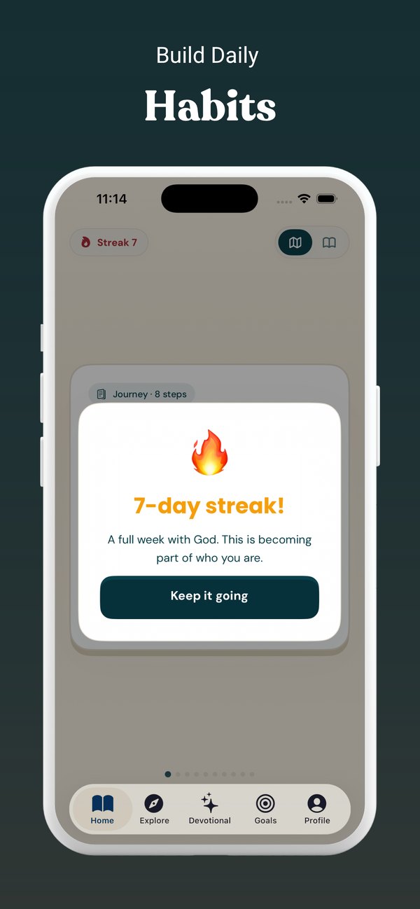 HearHim App Store screenshot: Build Daily Habits, a 7-day streak