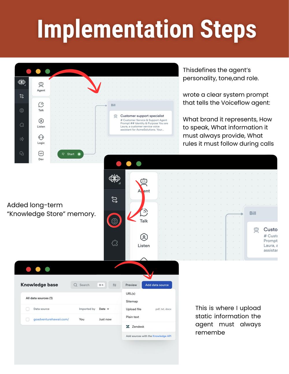 Voiceflow screens showing the agent system prompt and knowledge base