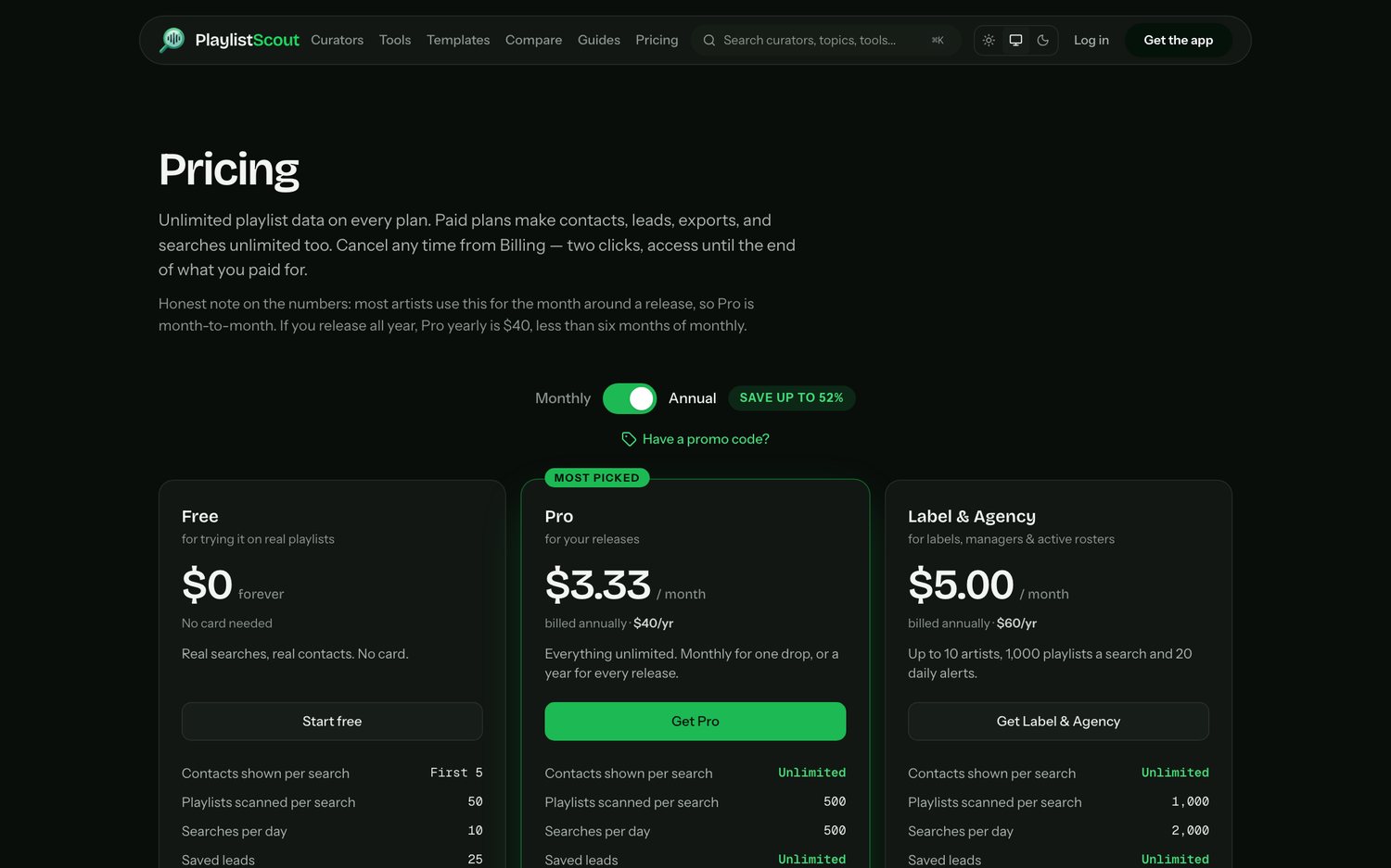 PlaylistScout pricing page showing Free, Pro and Label & Agency plans